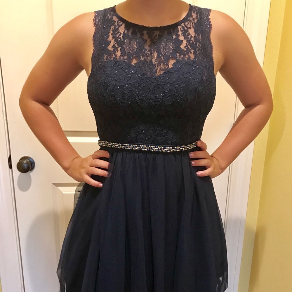 Navy Blue Dress worm once to homecoming